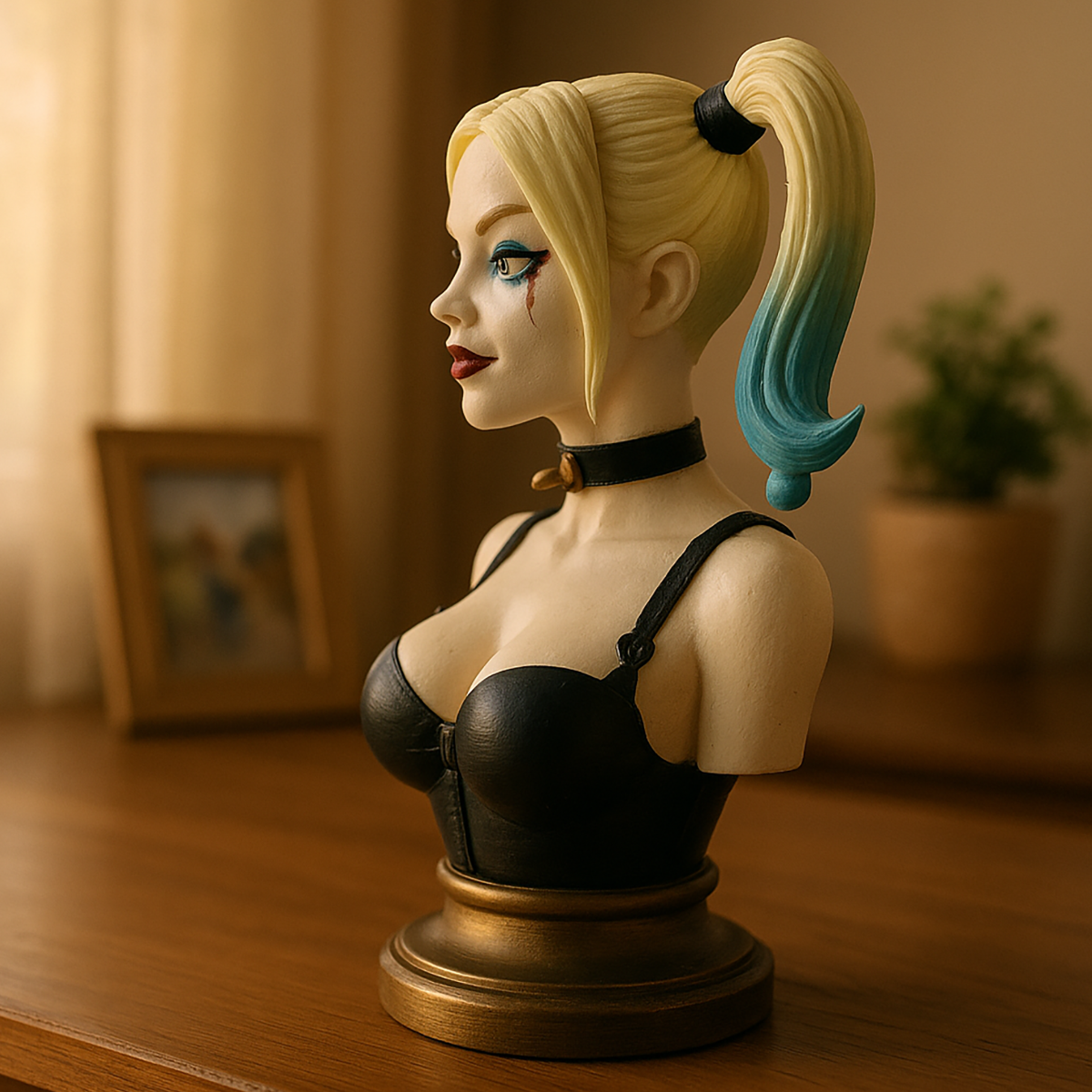 Popiersie Harley Quinn 3D – Kolorowa Rzeźba w Stylu Komiksowym