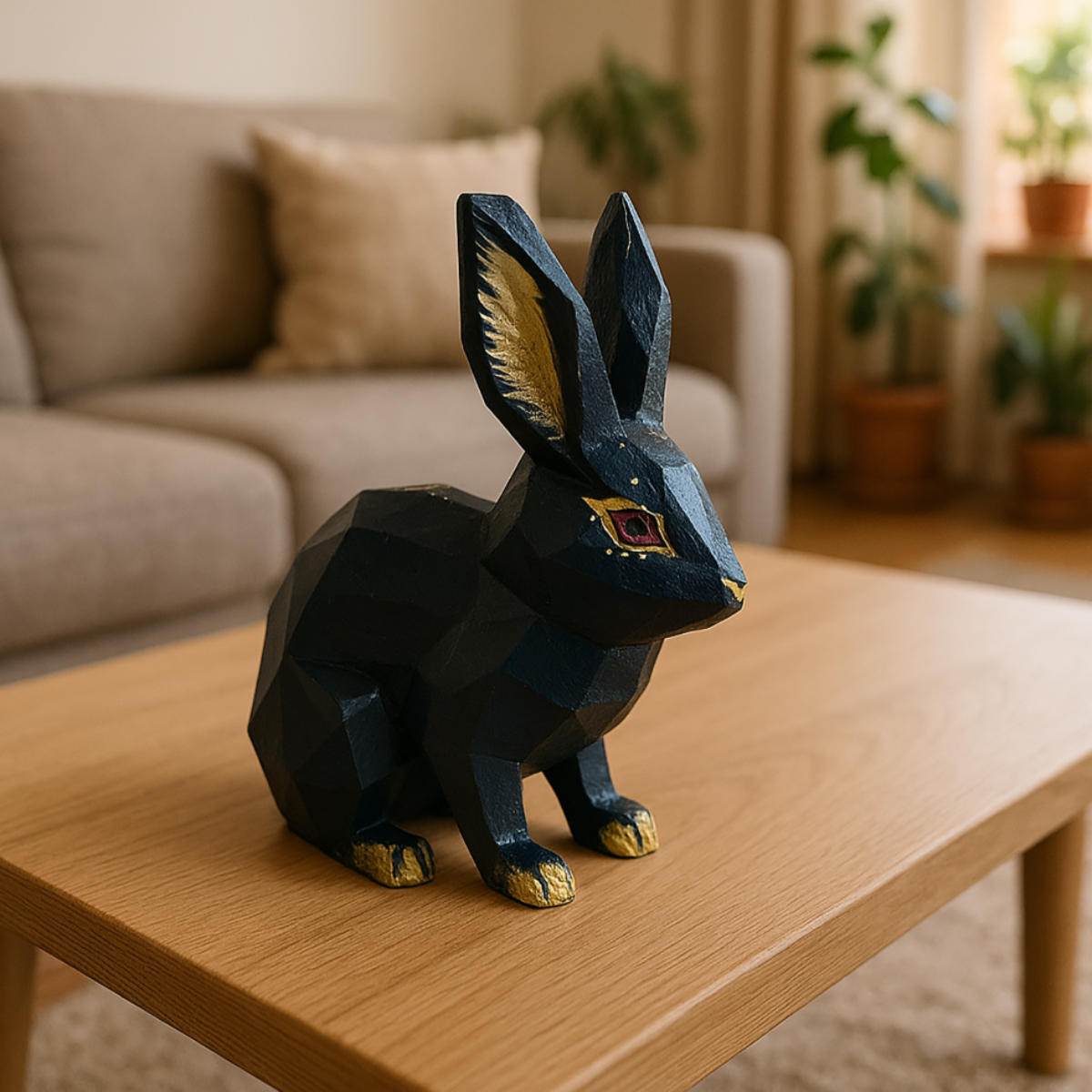 Królik Nocny 3D – Czarno-Złota Figurka Geometryczna