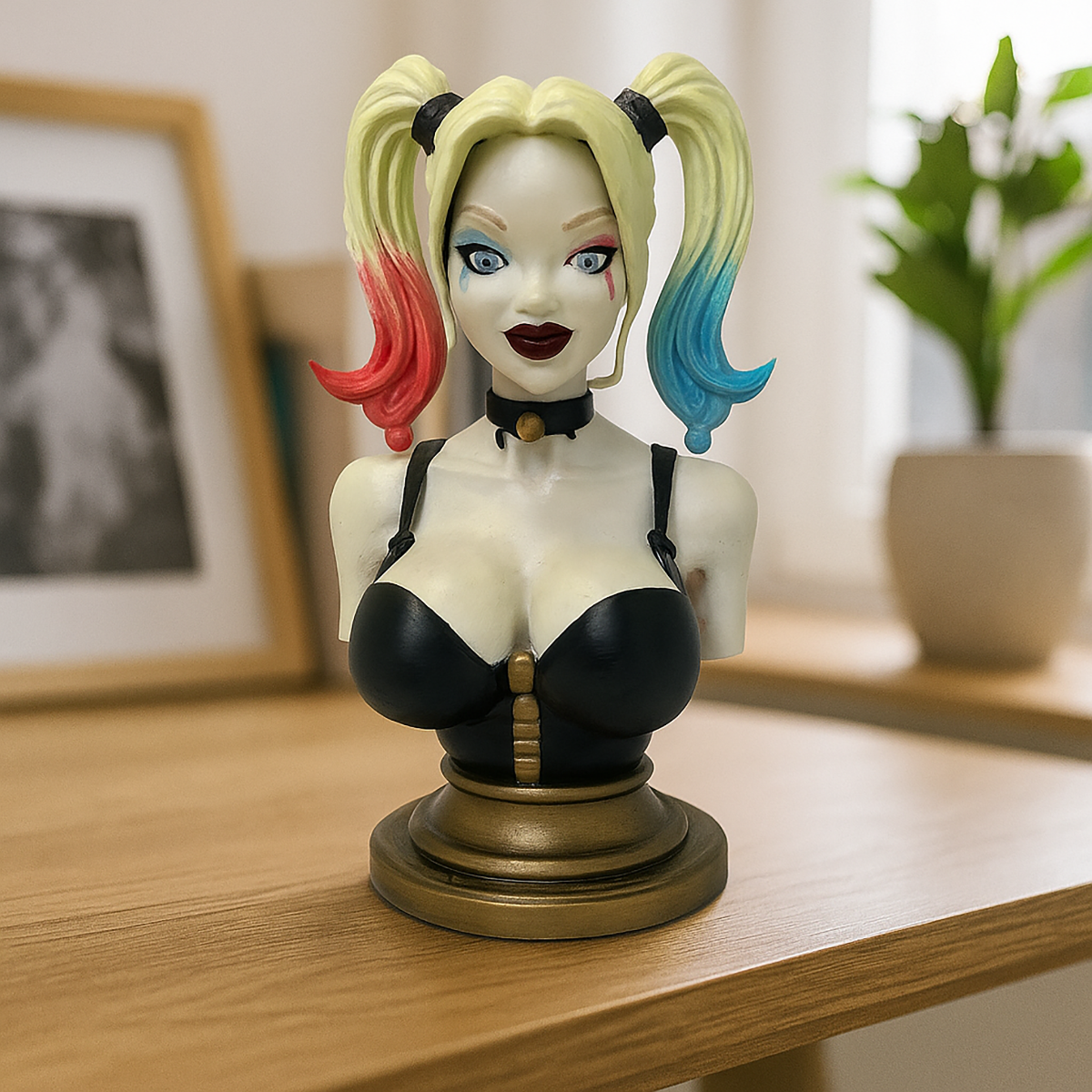 Popiersie Harley Quinn 3D – Kolorowa Rzeźba w Stylu Komiksowym