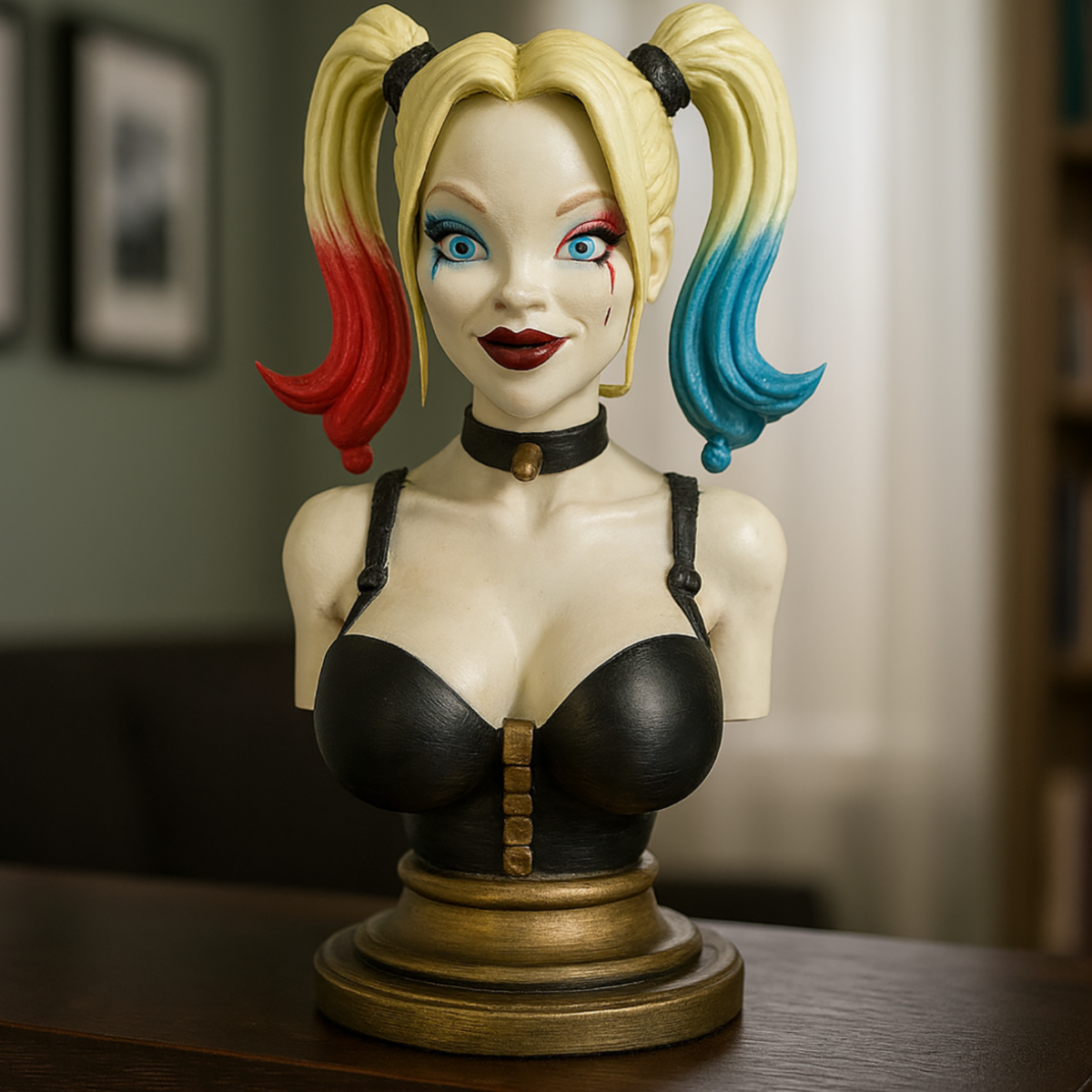 Popiersie Harley Quinn 3D – Kolorowa Rzeźba w Stylu Komiksowym